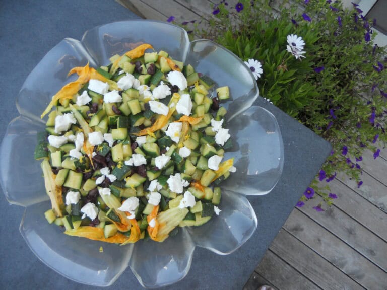 Zucchini with Squash Blossoms and Olives