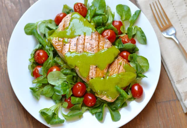 Grilled Salmon and Tomatoes with Cilantro Pesto