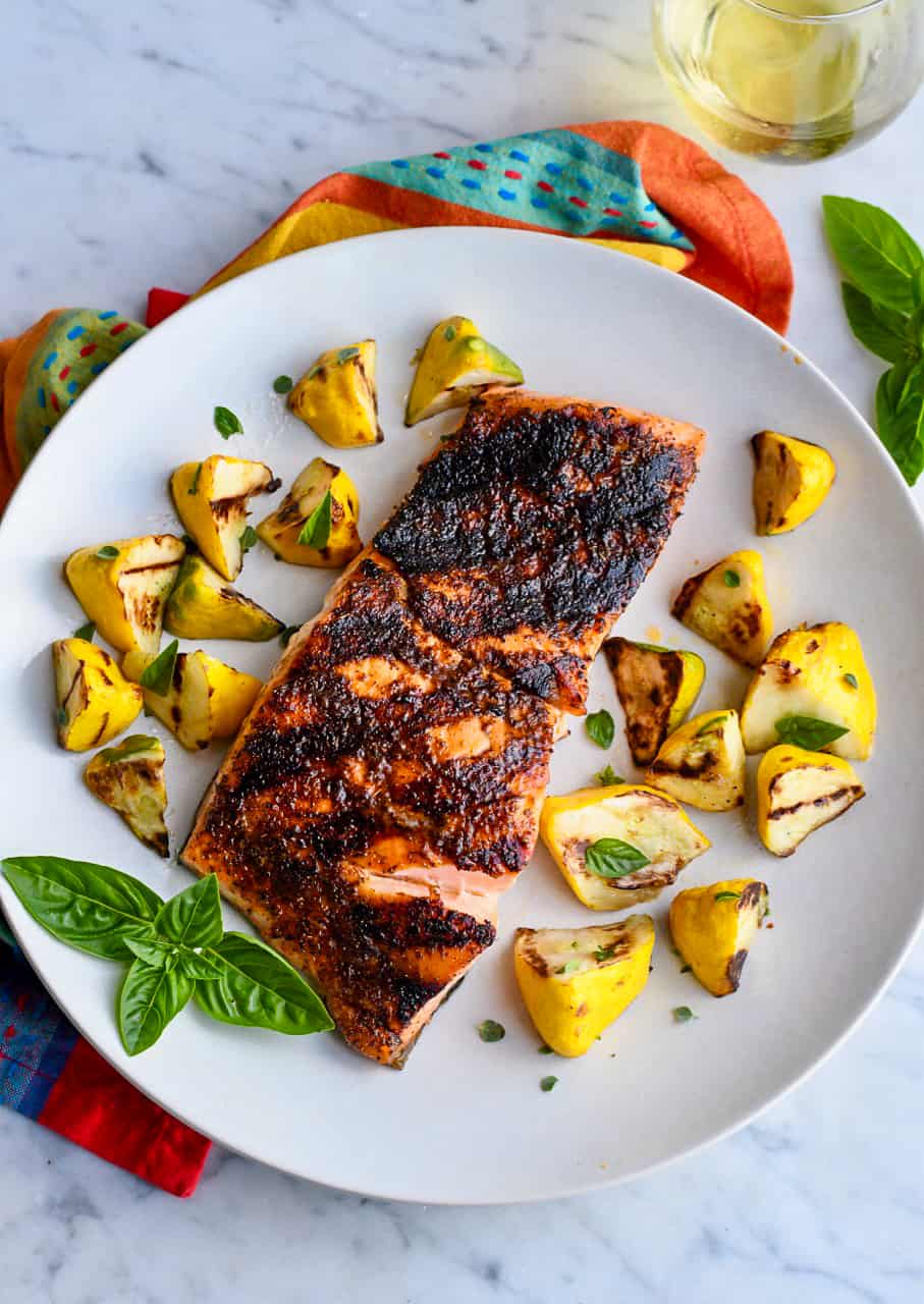 Blackened Salmon on The Grill on plate with grilled squash