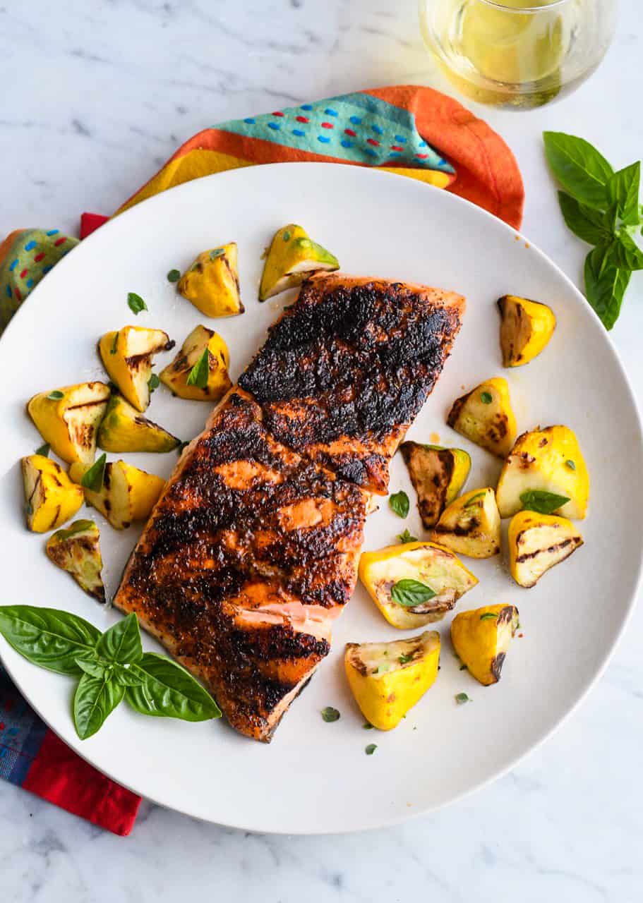 Blackened Salmon on The Grill on plate with patty pan squash