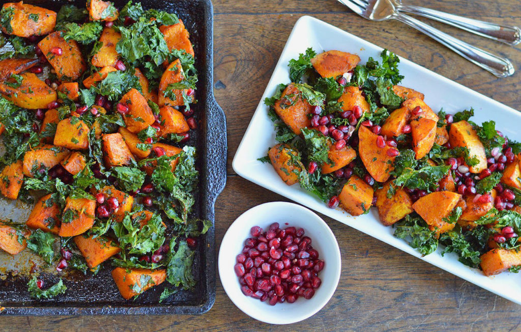 Roasted Butternut Squash with Crispy Kale and Pomegranate Seeds