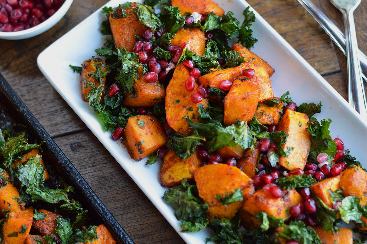 Roasted Butternut with Crispy Kale and Pomegranate Seeds