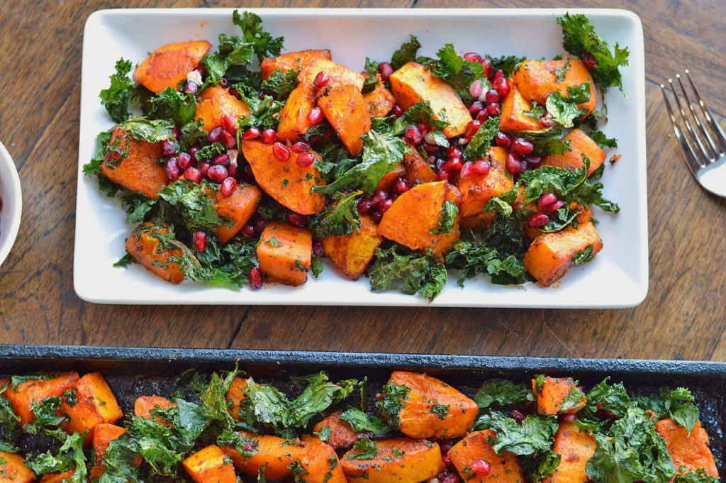 Roasted Butternut Squash with Crispy Kale and Pomegranate Seeds