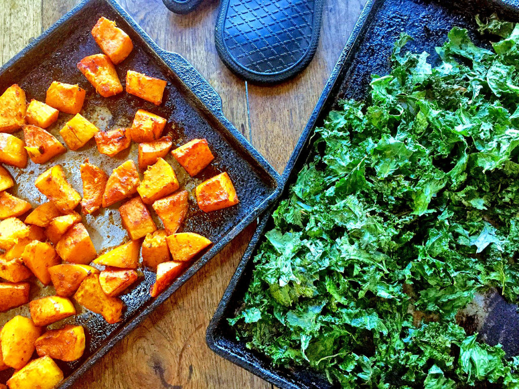 Roasted Butternut Squash with Crispy Kale and Pomegranate Seeds