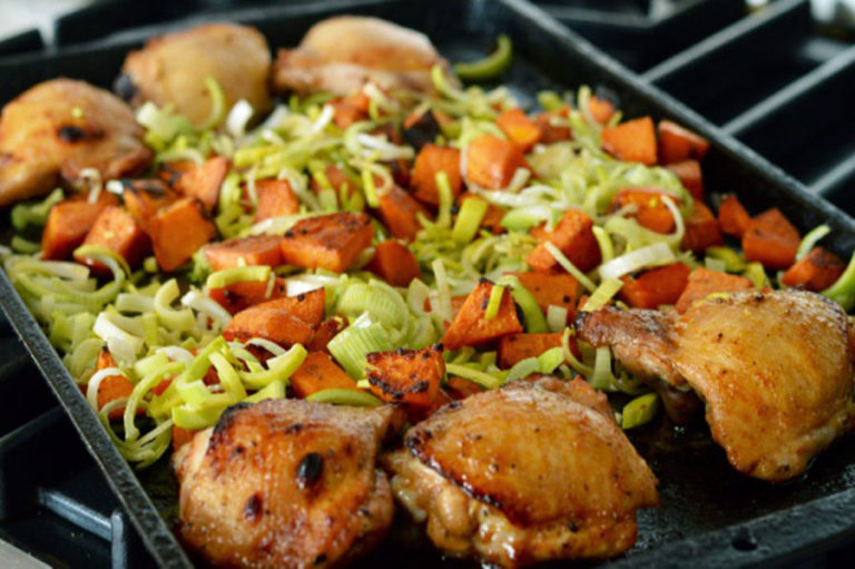 One Pan Chicken With Broccoli Rabe And Sweet Potatoes