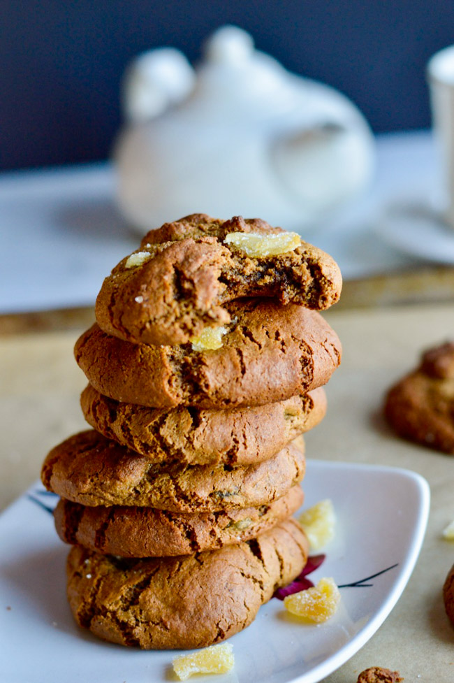 Triple Ginger Paleo Gingerbread Cookies stacked with teapot