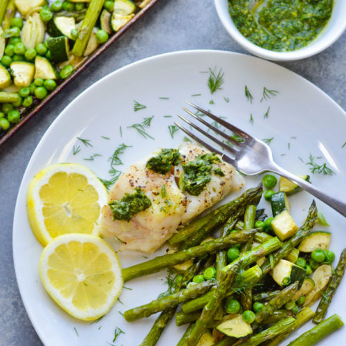 One Pan Herb Lemon Cod with Spring Vegetables | Gluten Free Paleo