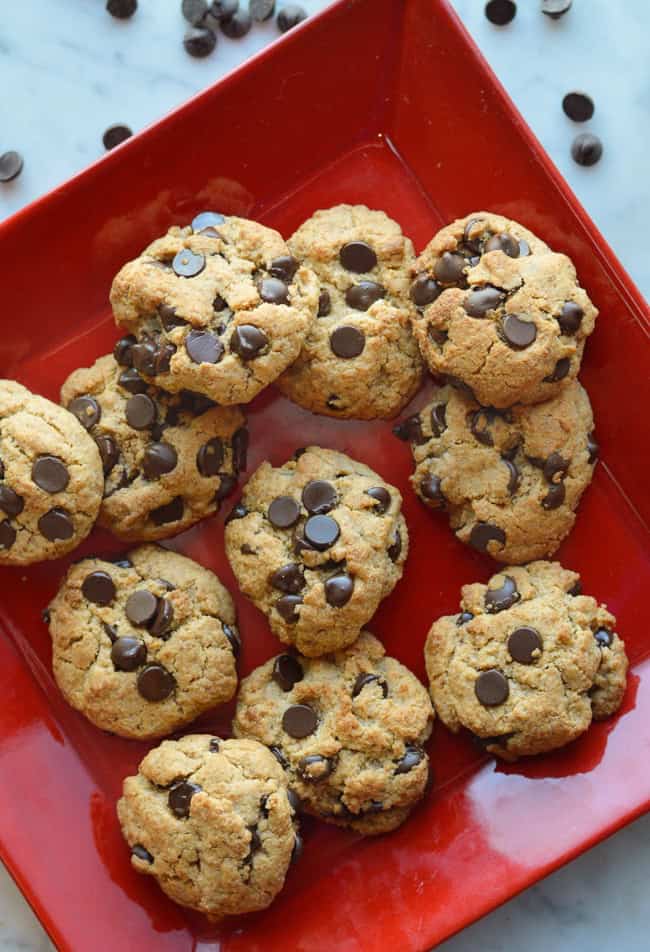 vegan chocolate chip cookies red plate