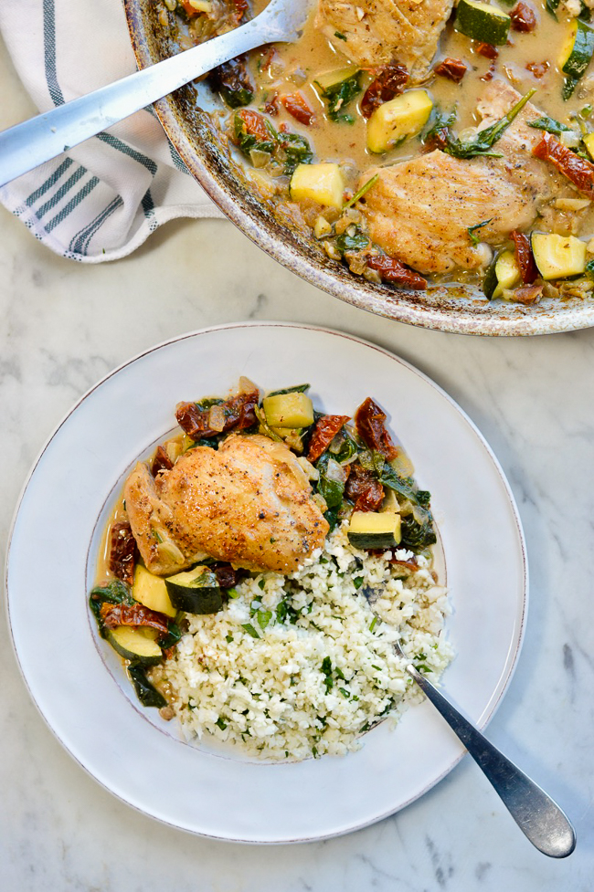 Creamy Italian Chicken and Vegetables plate and pan