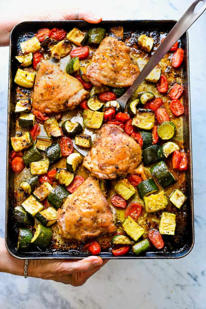 Sheet Pan Chicken with Zucchini, Tomatoes and Basil | Eat Well Enjoy Life