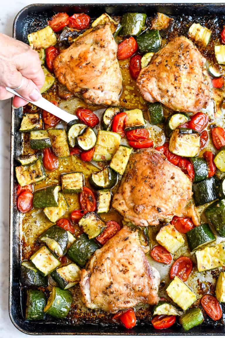 Sheet Pan Chicken with Zucchini Tomatoes and Basil