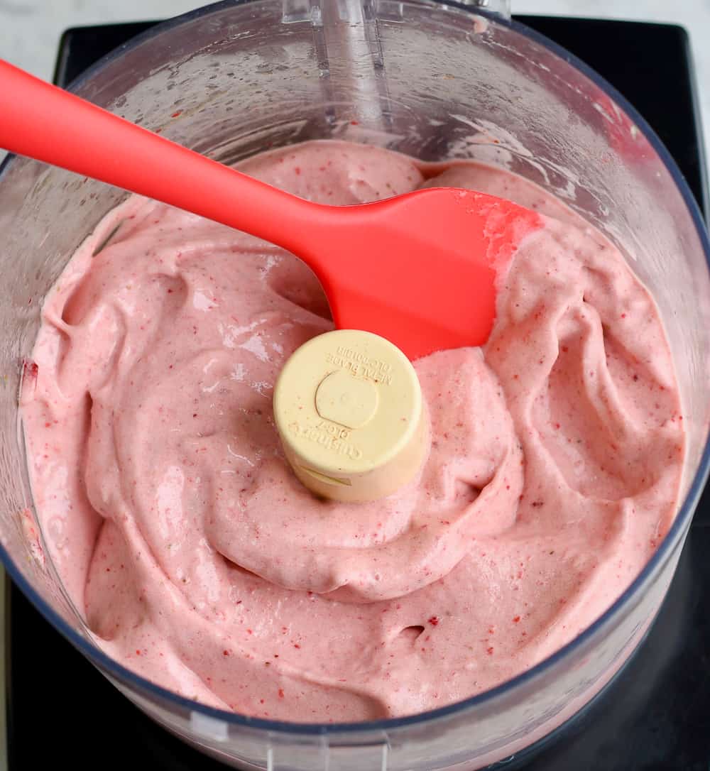 Vegan Strawberry Almond Butter Ice Cream in processor
