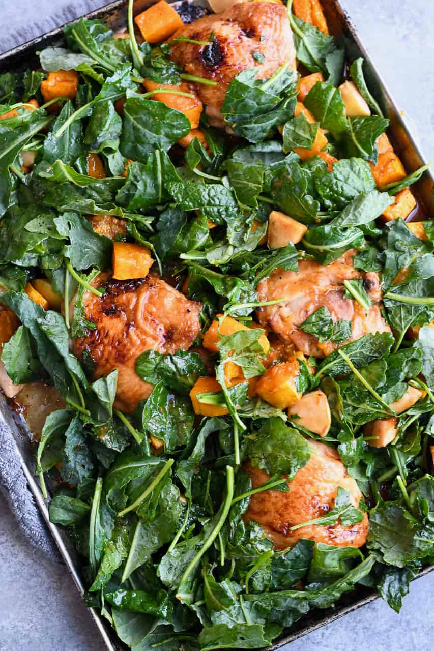 Glazed Sheet Pan Chicken with raw kale