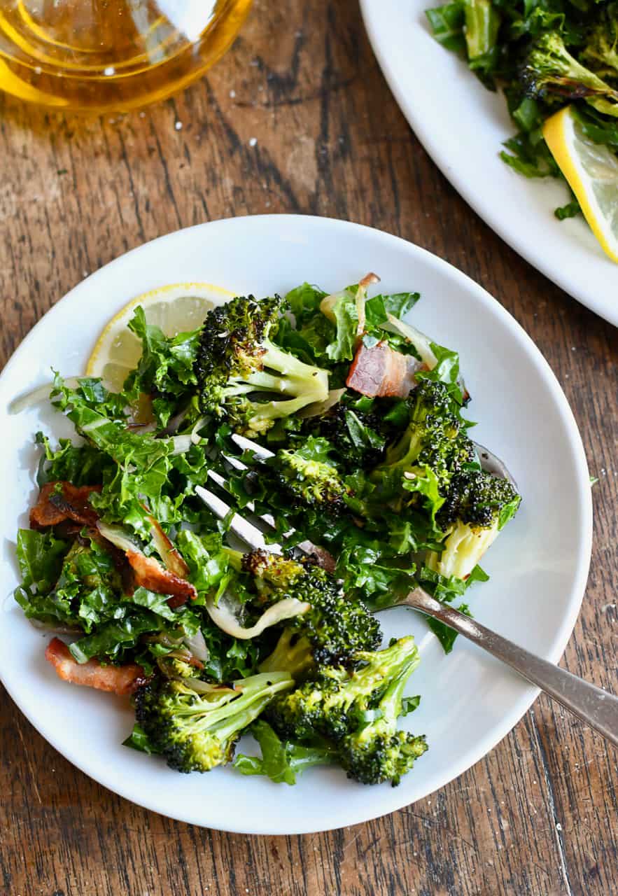 Roasted Broccoli and Kale Salad plate olive oil fork
