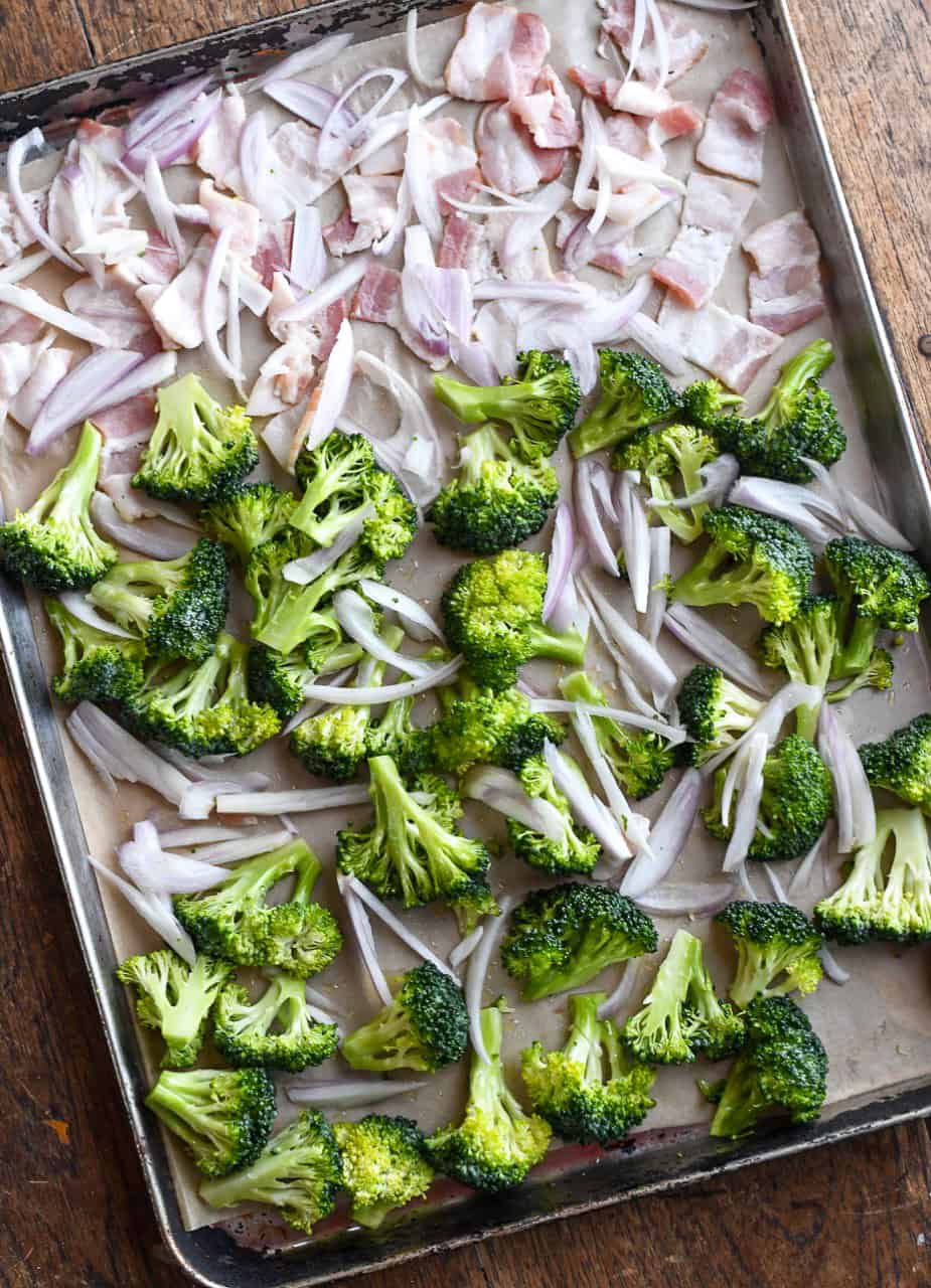 Roasted Broccoli and Kale Salad raw on sheet pan