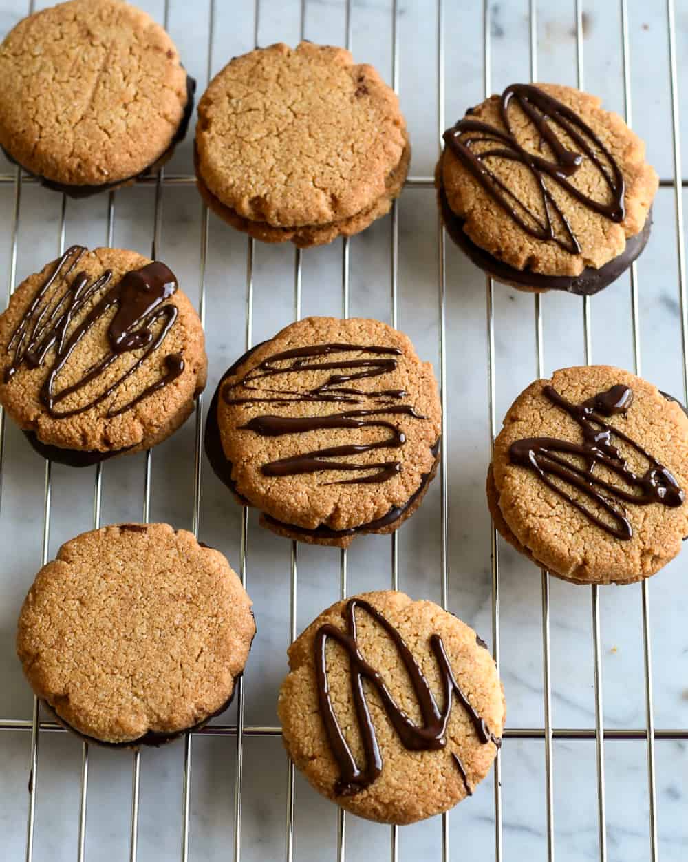Almond Chocolate Sandwich Cookies with chocolate spirals