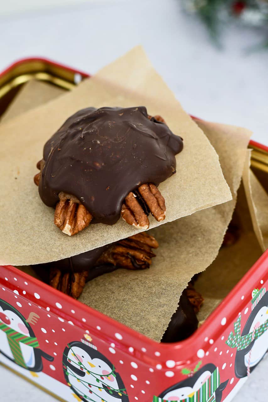 Chocolate Turtle Candies (Paleo Vegan) holiday can