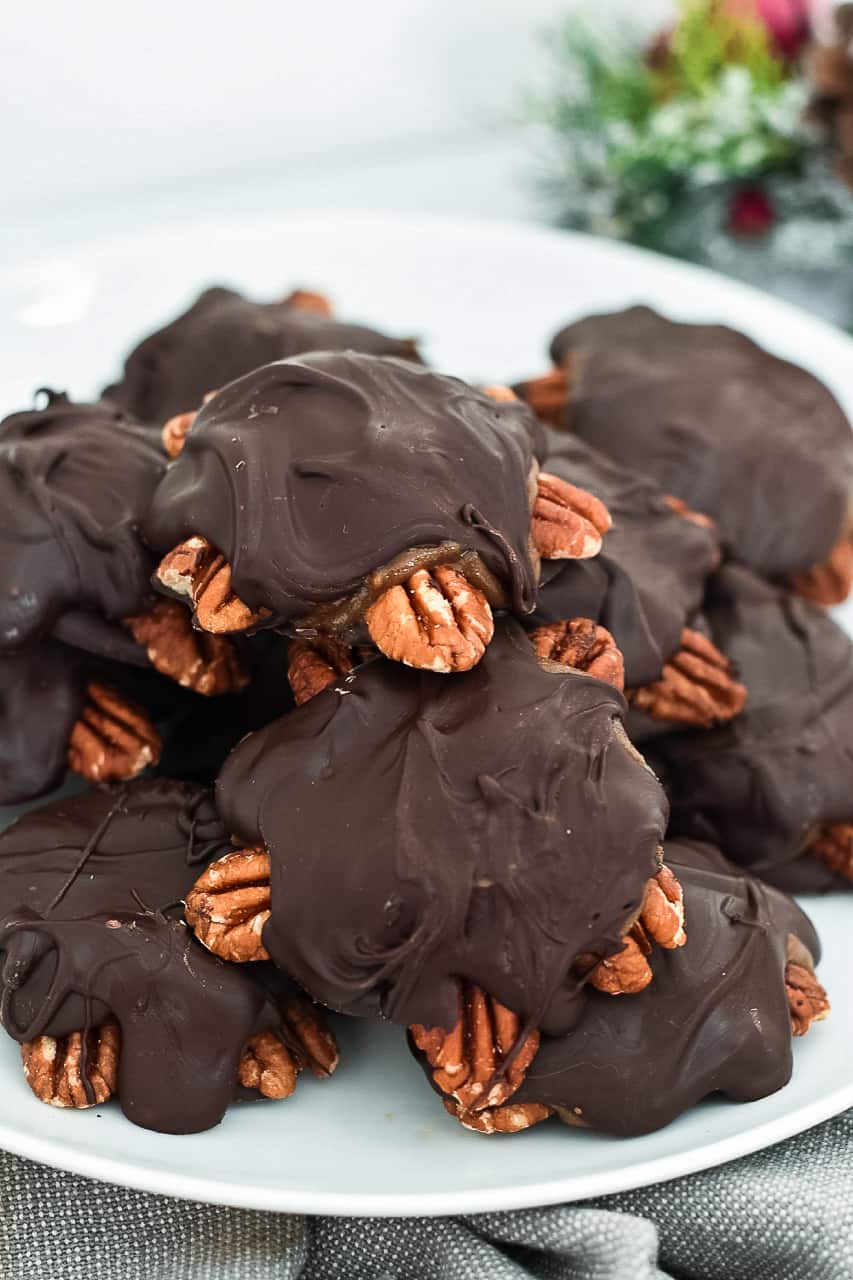Chocolate Turtle Candies (Paleo Vegan) piled