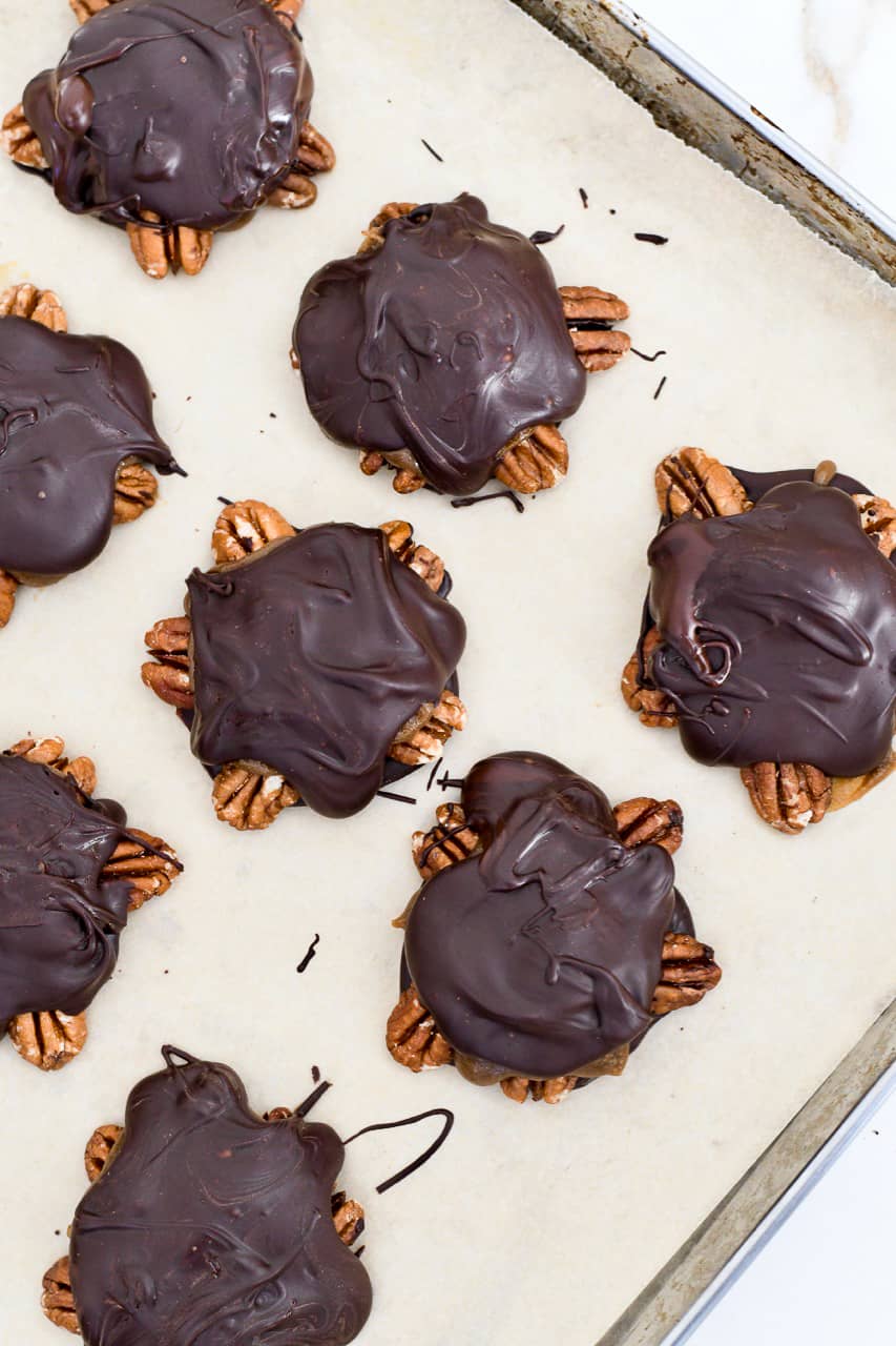 Chocolate Turtle Candies (Paleo Vegan) on tray