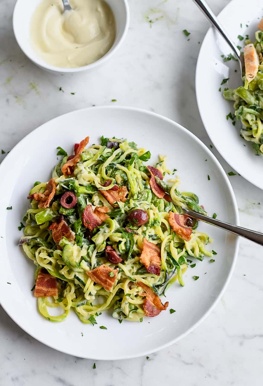 Garlic Cream Zucchini 'Noodles' with Asparagus with bacon