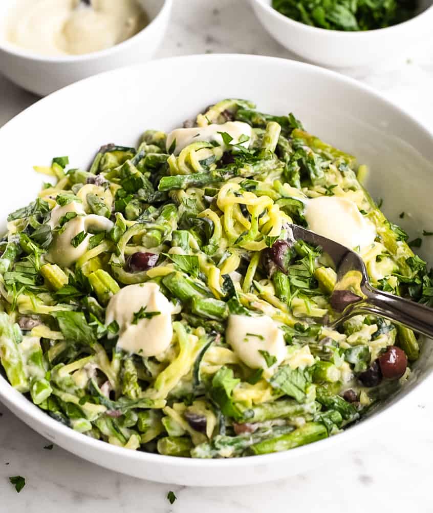Garlic Cream Zucchini 'Noodles' with Asparagus in bowl