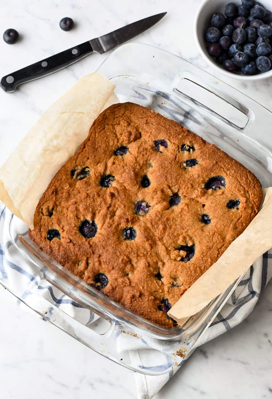 Paleo Blueberry Coffee Cake in pan 