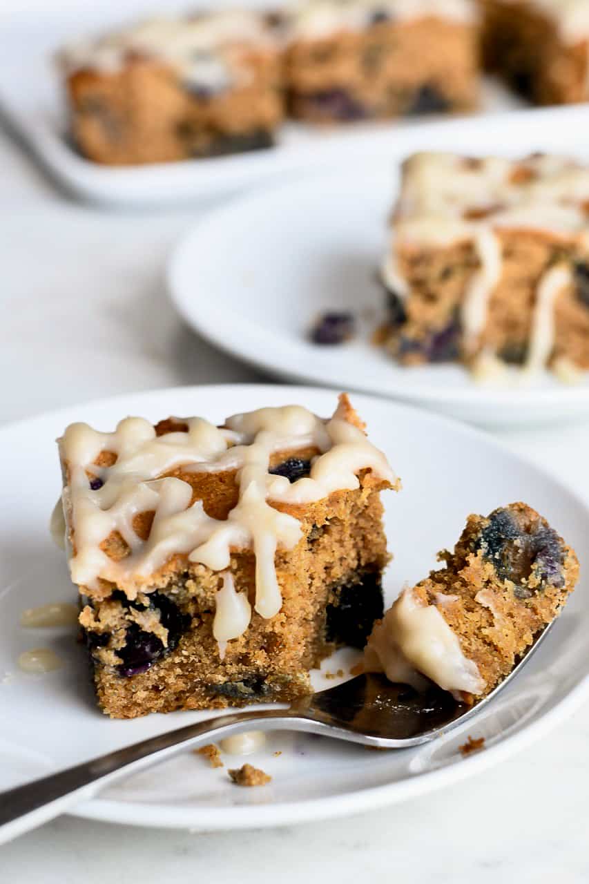 Paleo Blueberry Coffee Cake with bite on fork