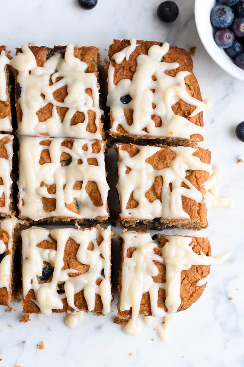 Paleo Blueberry Coffee Cake over cut into squares