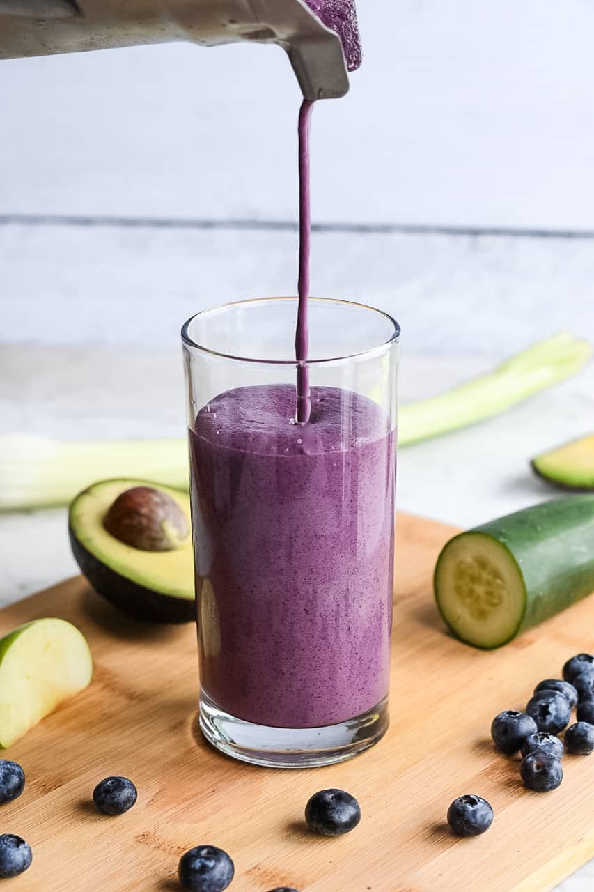 Gut Healing Blueberry Smoothie pouring with blender