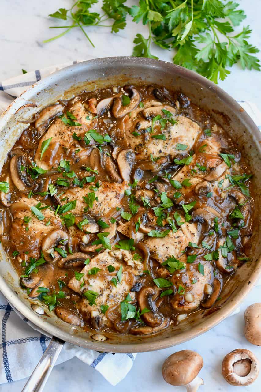 Paleo Mushroom Chicken in pan over view