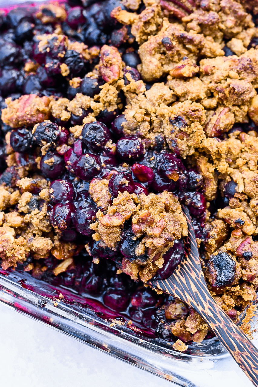 Easy Blueberry Cobbler tray with serving spoon