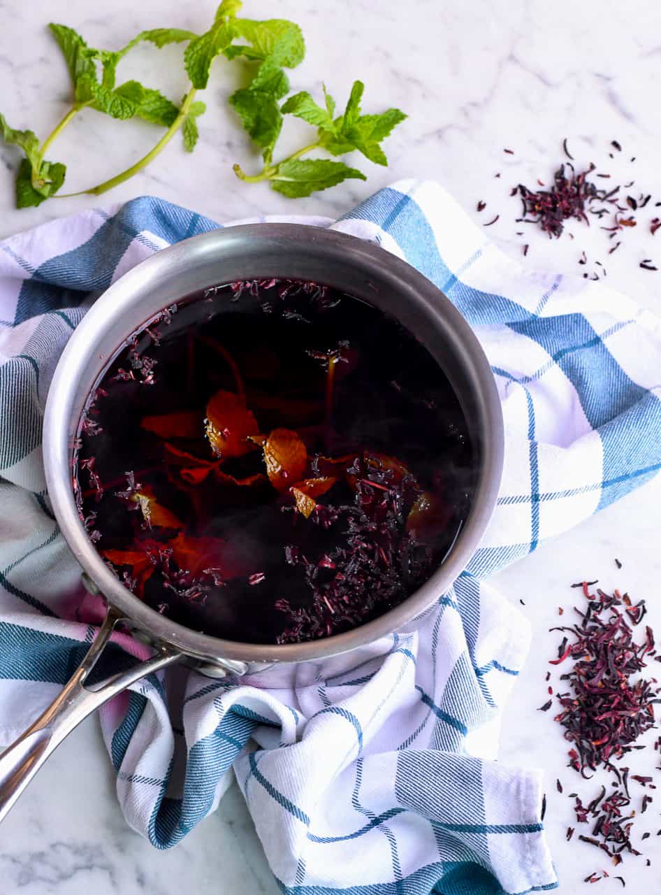 Hibiscus Iced Tea in pot brewing