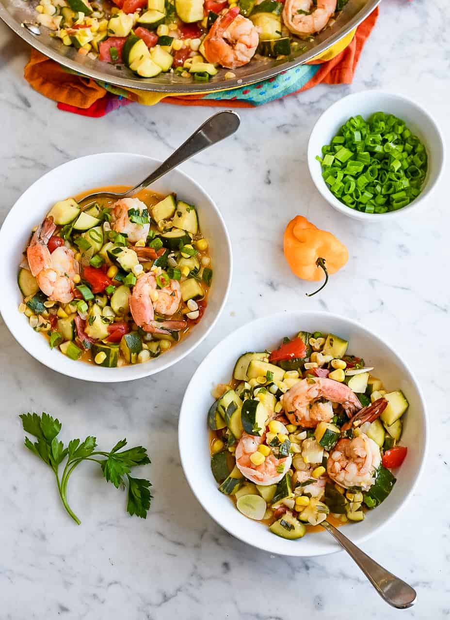 Easy Shrimp and Summer Vegetables 2 serving bowls