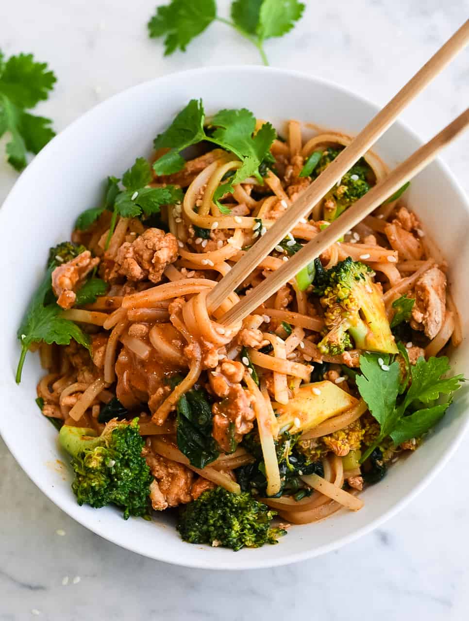 Easy Gochujang Noodles with Vegetables and Chicken bowl with chopsticks twirling