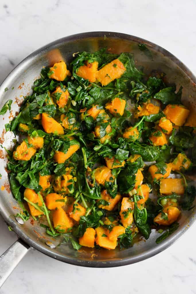 Kale and Butternut Squash Frittata vegetables in pan