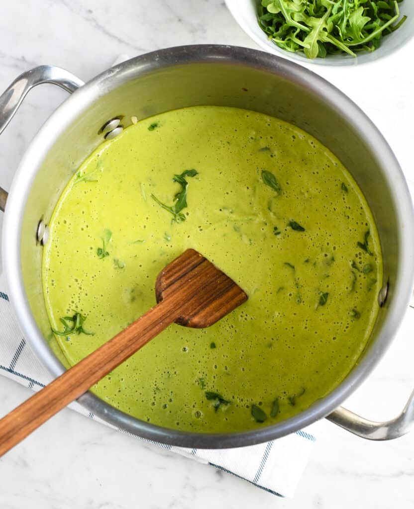 Creamy Zucchini Arugula Soup blended in pot
