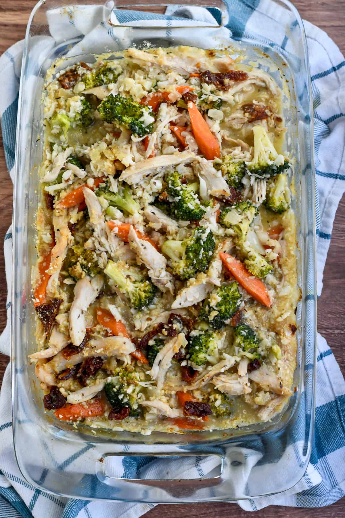 Paleo Chicken Broccoli 'Rice' Casserole baked in tray