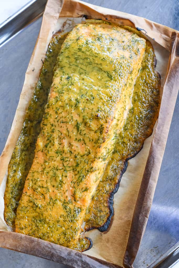 Easy Lime Miso Salmon on parchment after cooking