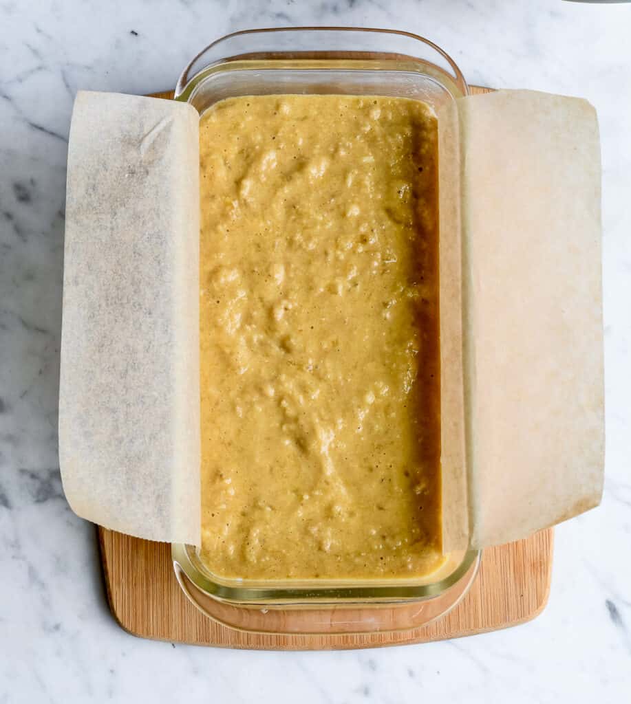 raw batter of paleo banana bread in loaf pan