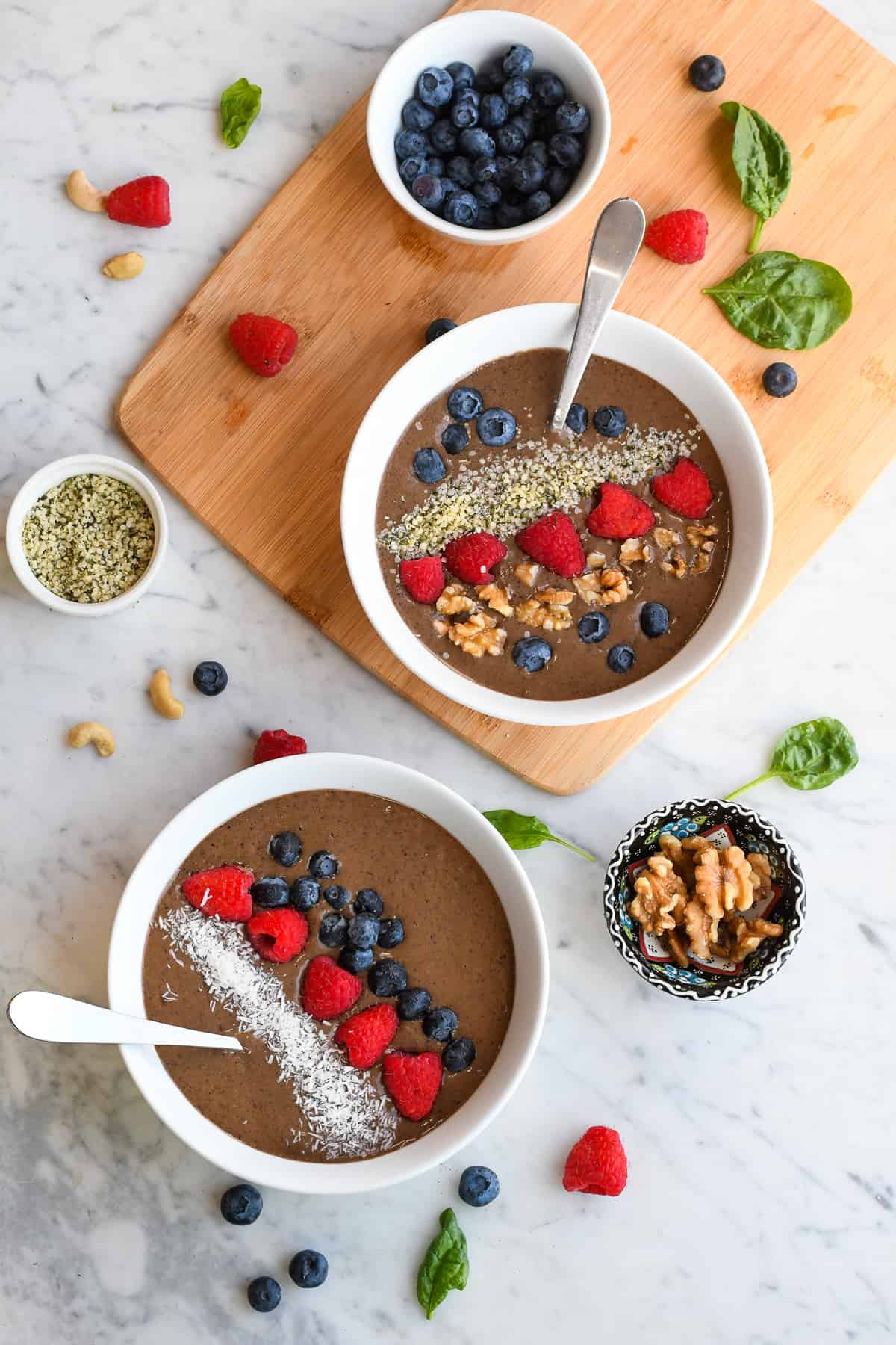 Chocolate Protein Smoothie Bowl 2 bowls on board with toppings
