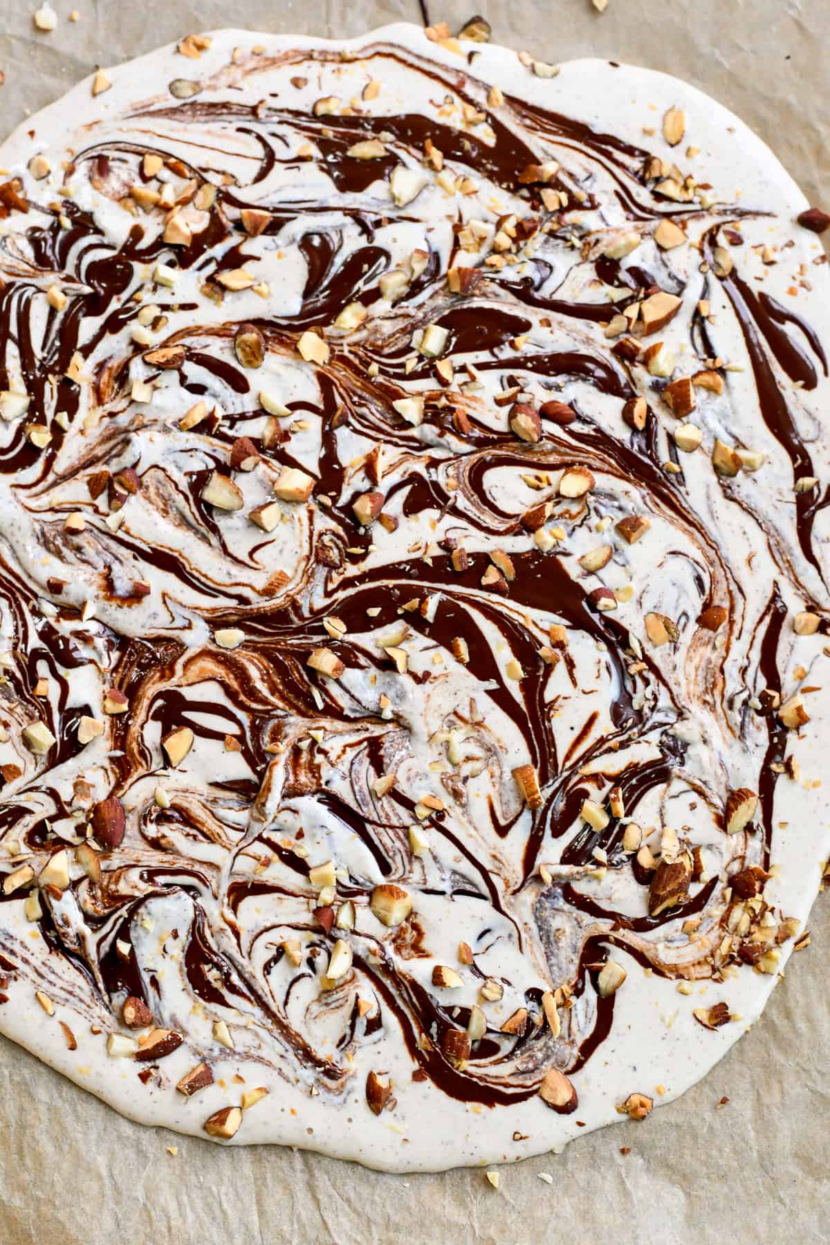 Frozen Cottage Cheese Bark with swirled chocolate and almonds