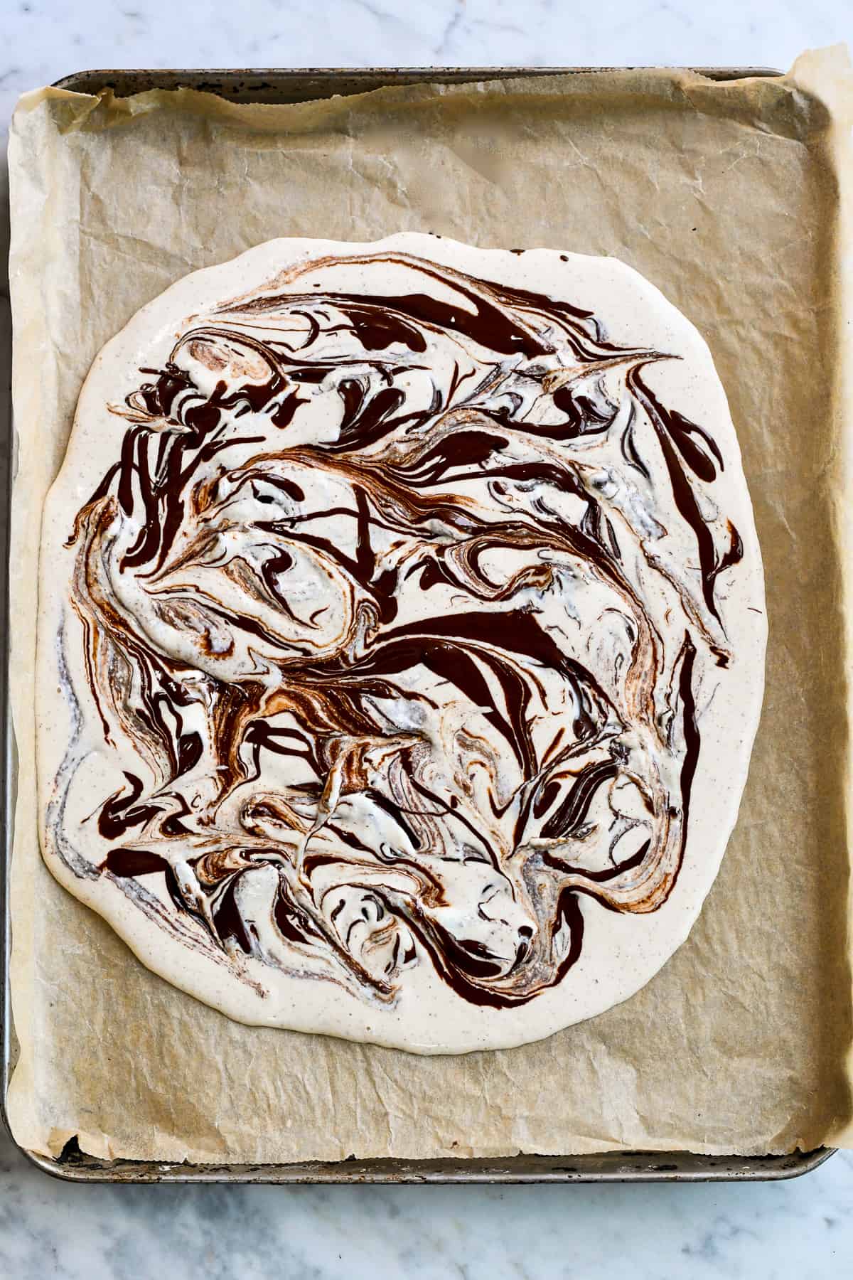 Frozen Cottage Cheese Bark chocolate swirled in