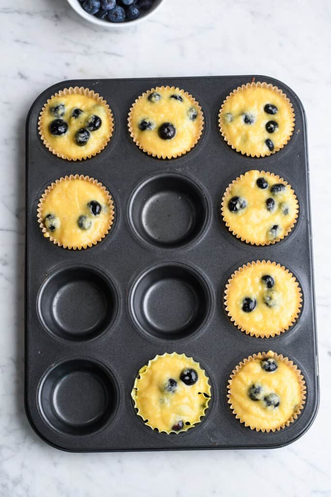 Almond Flour Blueberry Muffins raw batter in muffin pan 