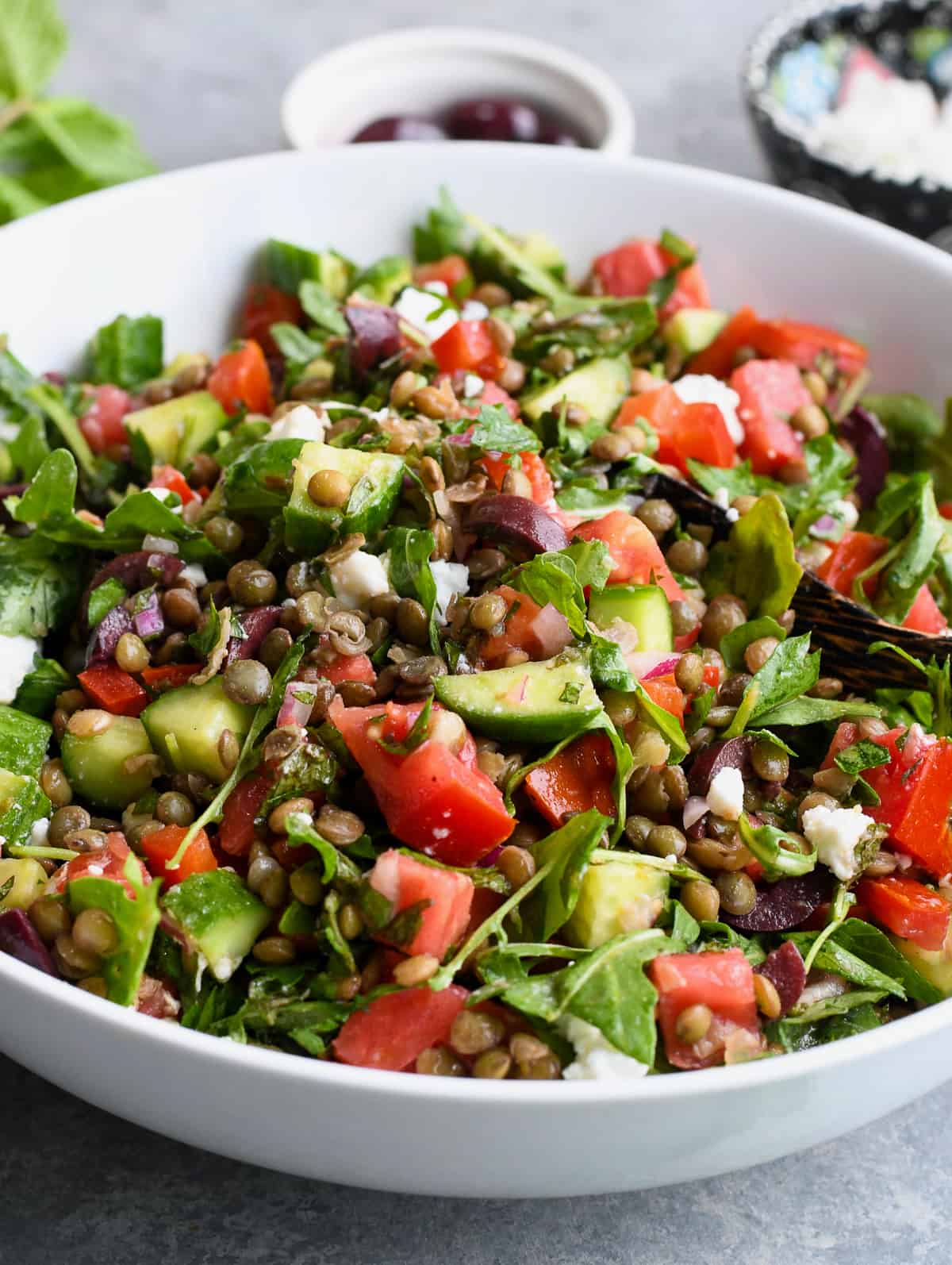 Mediterranean French Lentil Salad close up showing salad and bowl