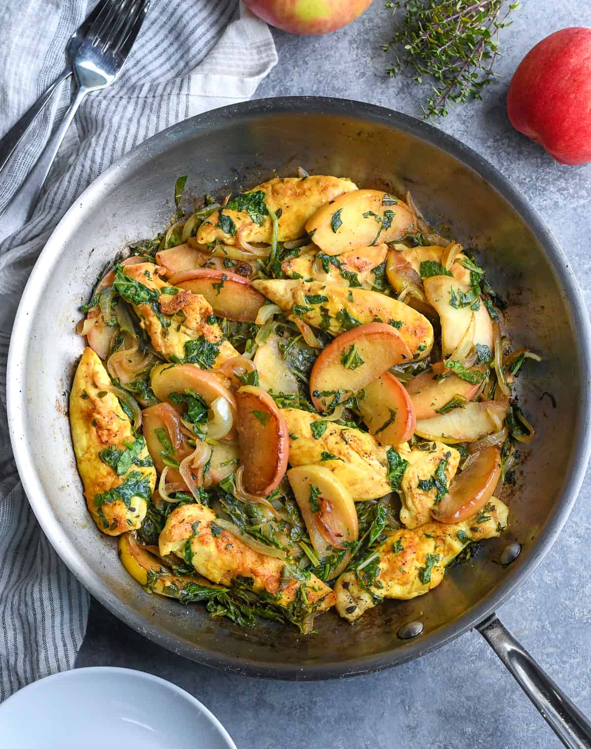 Easy Sautéed Chicken and Apples in pan over view