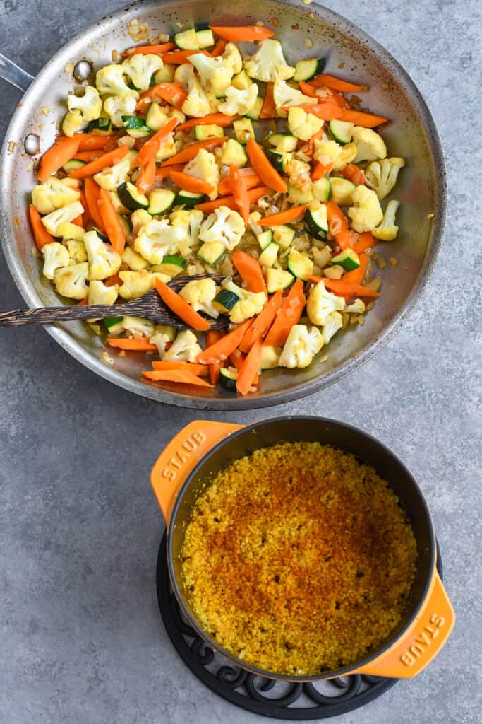 Middle Eastern Quinoa with Vegetables vegetables in pan and quinoa in pot