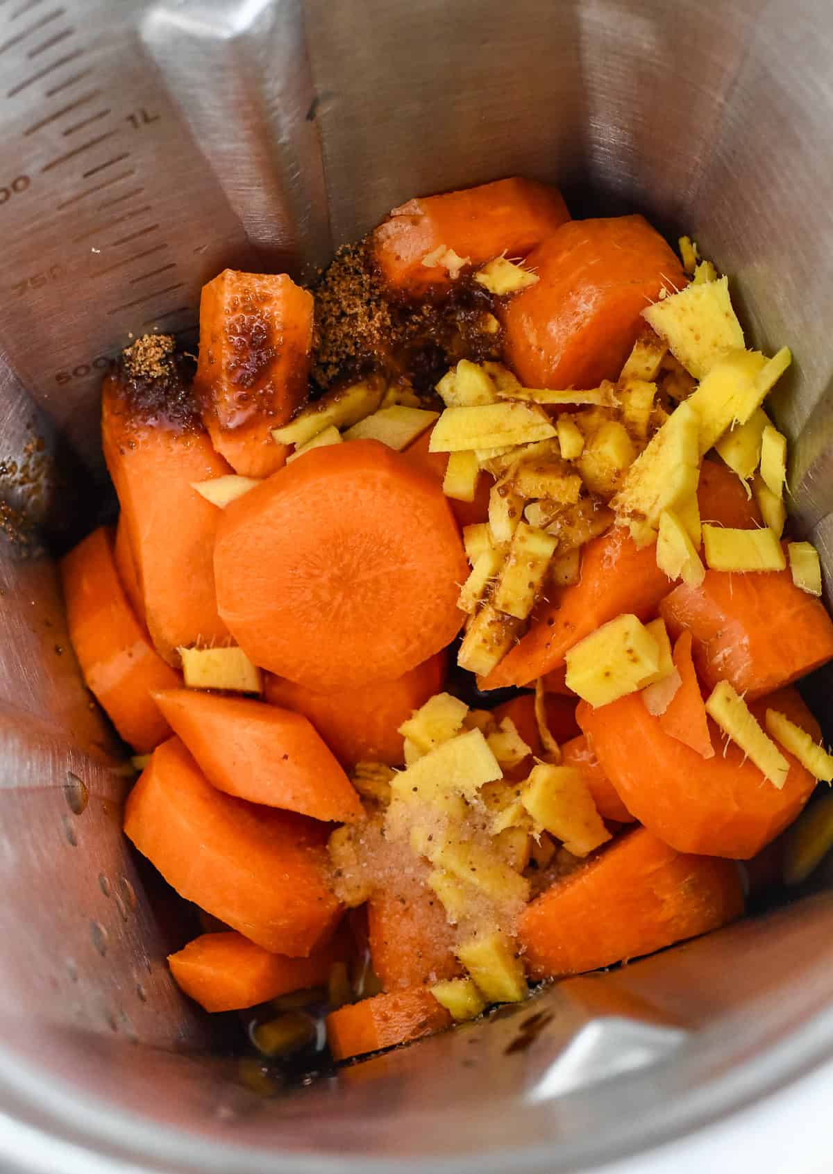 Carrot Ginger Dressing unblended ingredients in a blender