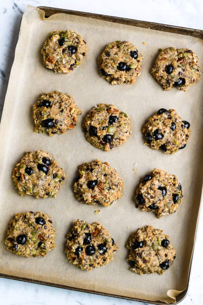 Healthy Blueberry Breakfast Cookies raw cookies on a tray