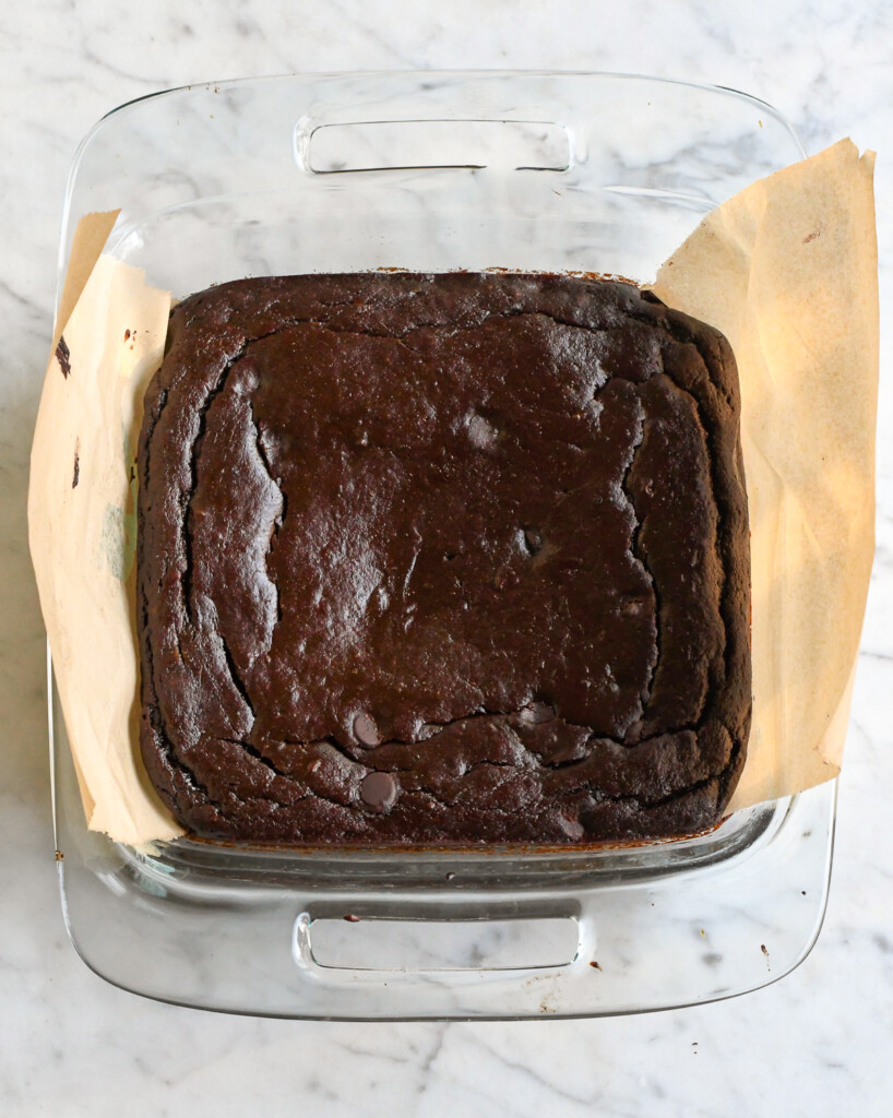 healthy pumpkin brownies in a pan baked