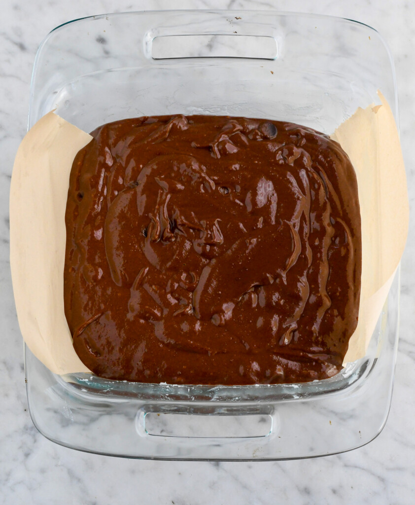 healthy pumpkin brownies in a pan before baking